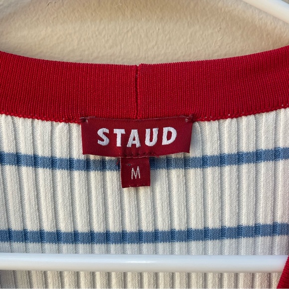 STAUD Shoko Ribbed Knit Midi Dress White Light Blue Stripes Red Trim Size M - Picture 8 of 13